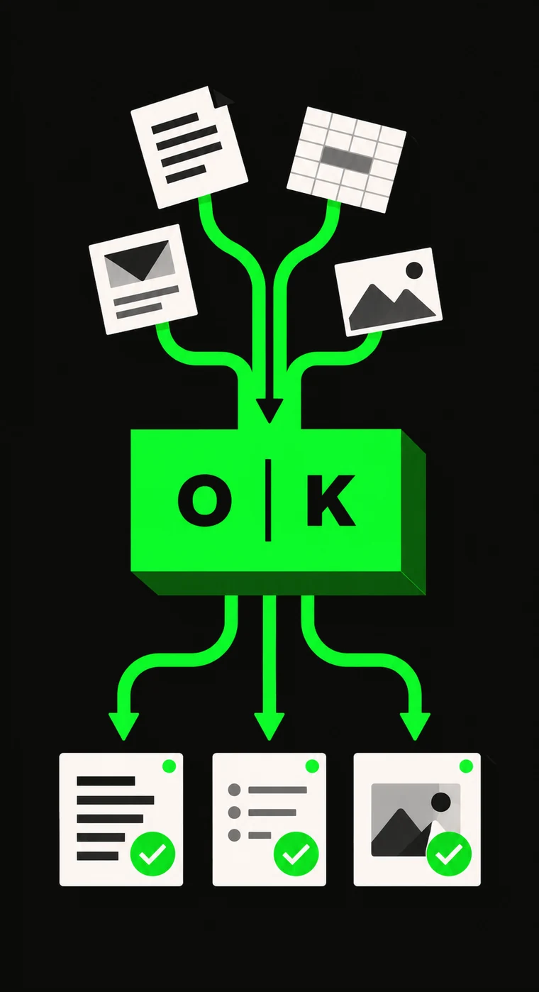 Diagrama: documentos, hojas de cálculo, correos e imágenes entran en Officer K y salen como documentos, listas e imágenes revisados y aprobados.